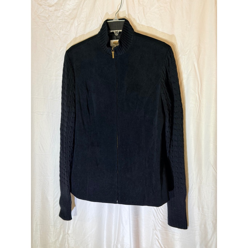 Talbots Black Faux Suede Cable Knit Sleeve Zip Jacket Women Size 10 Stretch